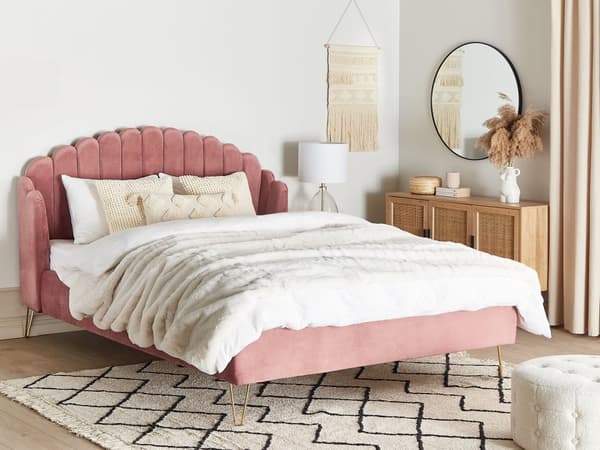 Sengeramme Rosa Fløyelspolstring 180 x 200 cm Metallben Retro design tuftet Sengegavl