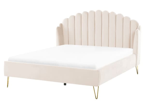 Sengeramme Beige Fløyelspolstring 160 x 200 cm Metallben Sengegavl Retro design