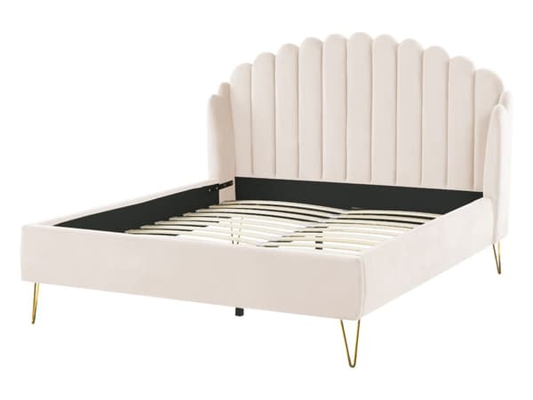 Sengeramme Beige Fløyelspolstring 140 x 200 cm Metallben Sengegavl Retro design