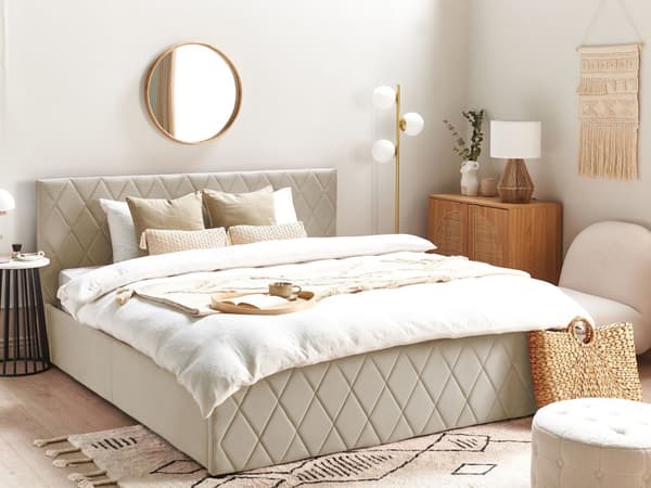 Dobbeltseng Oppbevaringsseng Beige Fløyel 180 x 200 cm med lamellbunn Sengegavl
