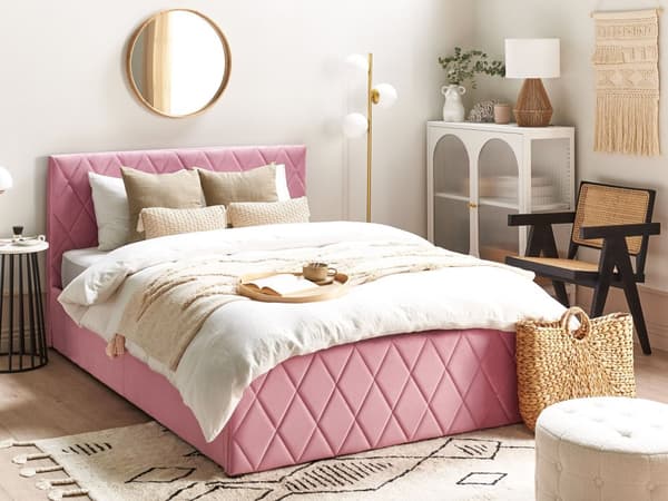 Seng Dobbeltseng Rosa Fløyel 140 x 200 cm Oppbevaring med lamellbunn Sengegavl Hodegavl