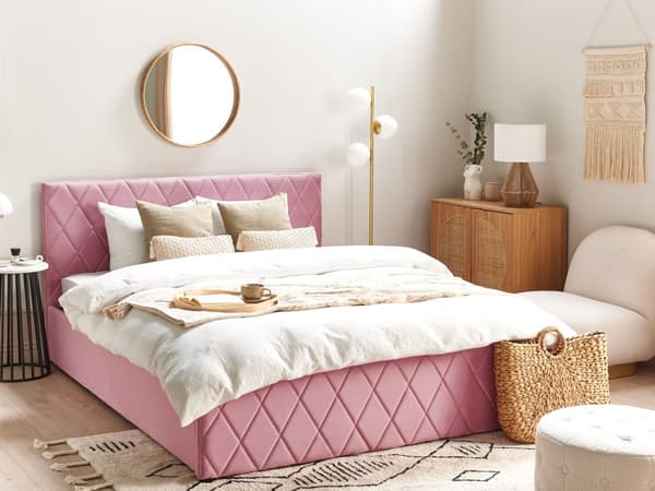 Seng Dobbeltseng Rosa Fløyel 160 x 200 cm Oppbevaring med lamellbunn Sengegavl Hodegavl