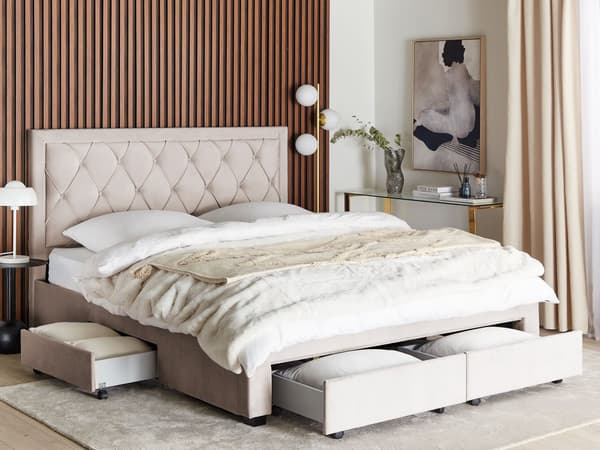 Parisänky beige 180 x 200 cm samettiverhoilu laatikoilla sälepohja nappikoristeltu glamour