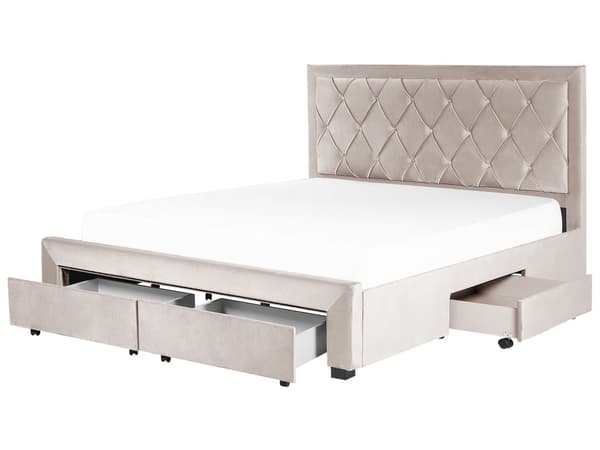 Parisänky beige 180 x 200 cm samettiverhoilu laatikoilla sälepohja nappikoristeltu glamour