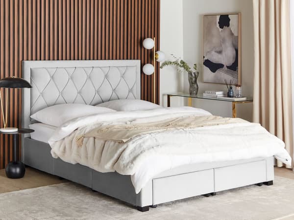 Parisänky vaaleanharmaa 160 x 200 cm samettiverhoilu laatikoilla sälepohja nappikoristeltu glamour
