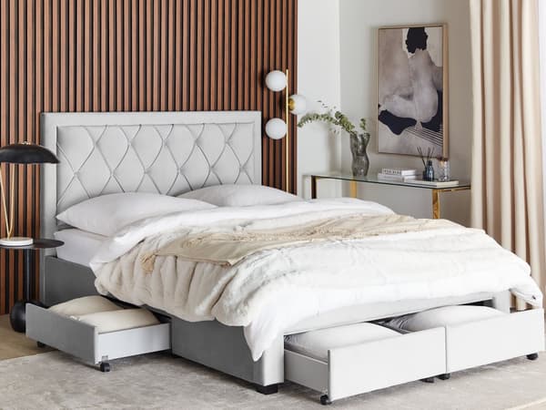 Parisänky vaaleanharmaa 160 x 200 cm samettiverhoilu laatikoilla sälepohja nappikoristeltu glamour