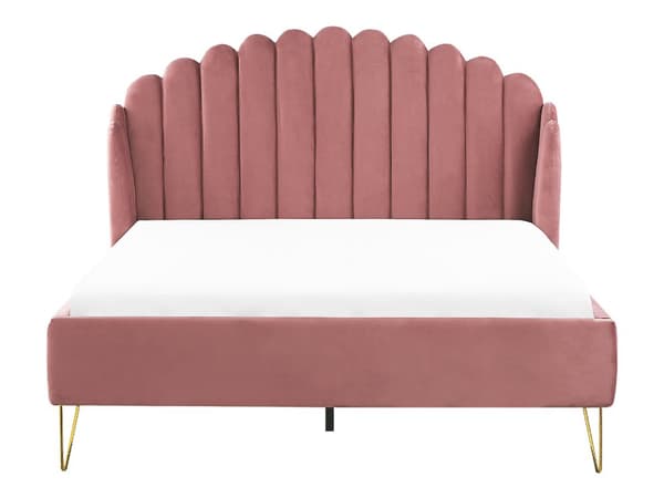 Dubbelsäng Sängram Rosa Sammetsklädsel 160 x 200 cm Metallben Retro Design Tuftad Sänggavel