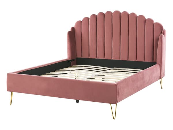 Dubbelsäng Sängram Rosa Sammetsklädsel 160 x 200 cm Metallben Retro Design Tuftad Sänggavel