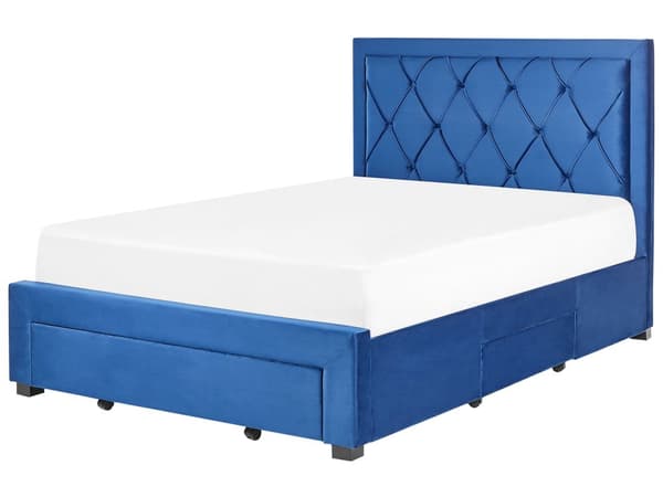 Dubbelsäng med Förvaring Marinblå Sammetsklädsel 160 x 200 cm Tuftad Hög Sänggavel Lådor Glam Design