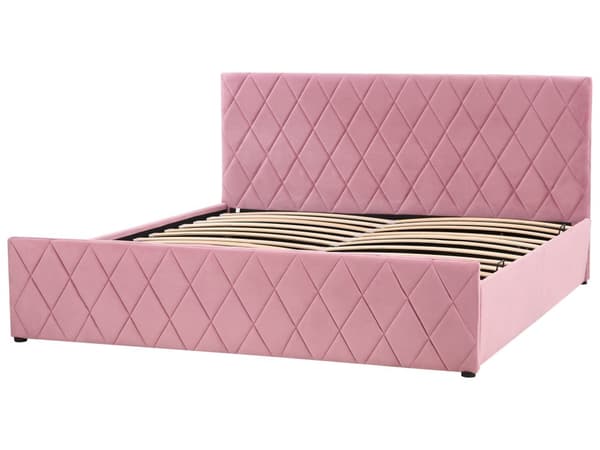 Förvaringssäng Rosa Sammetsklädsel Dubbel 180 x 200 cm med Lamellbas Diamanttuftad Sänggavel
