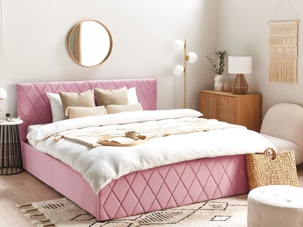 Förvaringssäng Rosa Sammetsklädsel Dubbel 180 x 200 cm med Lamellbas Diamanttuftad Sänggavel