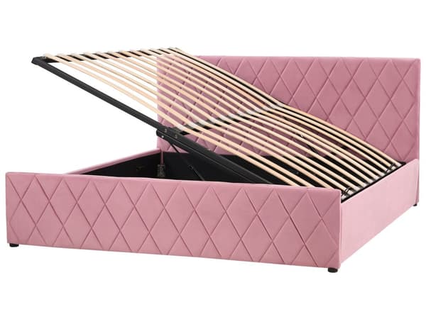 Förvaringssäng Rosa Sammetsklädsel Dubbel 180 x 200 cm med Lamellbas Diamanttuftad Sänggavel