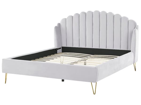 Dubbelsäng Sängram Grå Sammetsklädsel 180 x 200 cm Metallben Retro Design Tuftad Sänggavel
