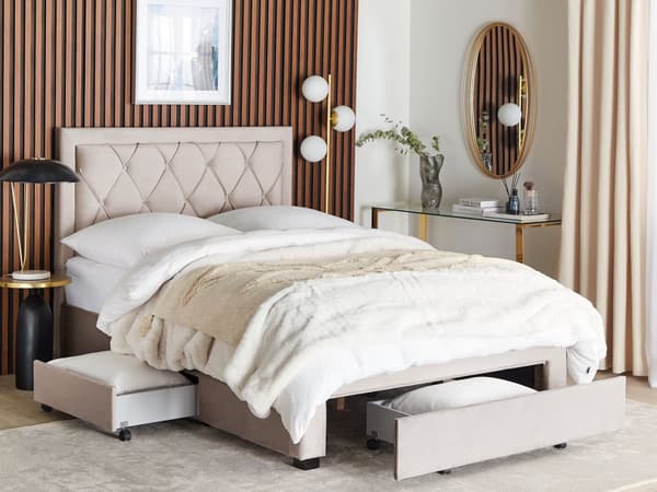 Seng Beige Velour 140 x 200 cm Moderne Trekvart Seng med Opbevaring Sengeramme med Skuffer på Hjul Halvandenmands 3 kvart Seng Retro Design