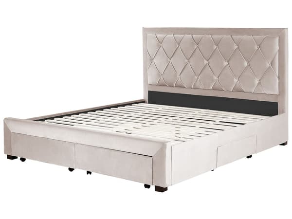 Seng Beige Velour 180 x 200 cm Moderne To Mands Seng med Opbevaring Dobbeltseng Sengeramme med Skuffer på Hjul Retro Design
