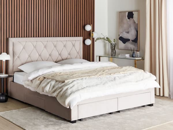 Beige seng i fløyel med oppbevaring 180 x 200 cm høy tuftet sengegavl oppbevaringsplass