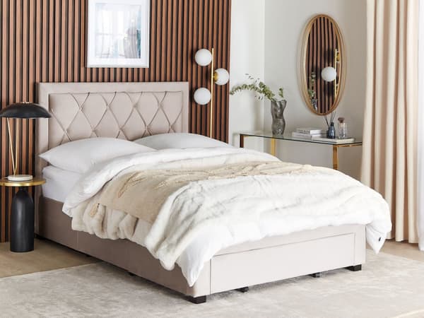 Beige seng i fløyel med oppbevaring 140 x 200 cm høy tuftet sengegavl oppbevaringsplass
