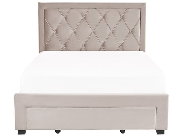 Beige seng i fløyel med oppbevaring 140 x 200 cm høy tuftet sengegavl oppbevaringsplass