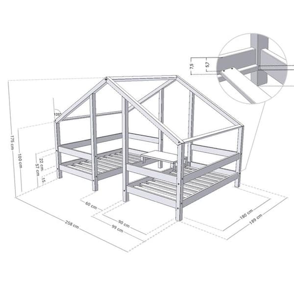 Lit cabane VILLY 2 platser 90 x 180 grå
