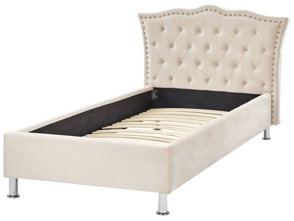 Enkeltseng Beige Velour 90 x 200 Enkeltmandsseng Teenage Seng til Pigeværelse Indretning Pigeseng til Børneværelse Sengeramme