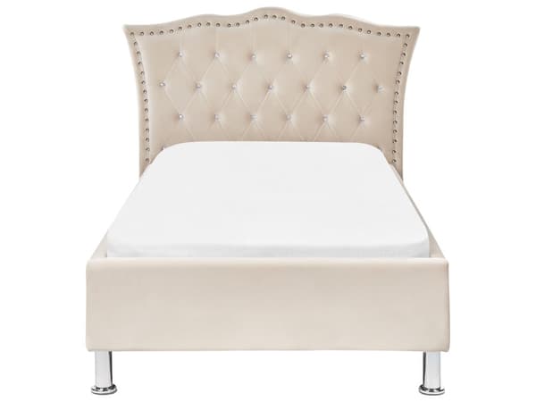 Enkeltseng Beige Velour 90 x 200 Enkeltmandsseng Teenage Seng til Pigeværelse Indretning Pigeseng til Børneværelse Sengeramme