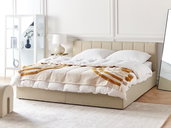 Seng beige Polyester 180 x 200 cm Moderne Dobbeltseng med Opbevaring Polstret Sengegavl Design til Soveværelse Indretning