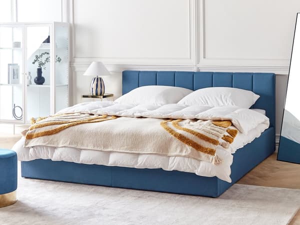 Seng Blå Polyester 180 x 200 cm Moderne Dobbeltseng med Opbevaring Polstret Sengegavl Design til Soveværelse Indretning