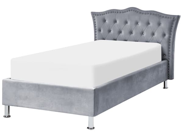 Sänky harmaa sametti 90 x 200 cm sälepohja säilytystila verhoilunaula koristekristallit glamour moderni