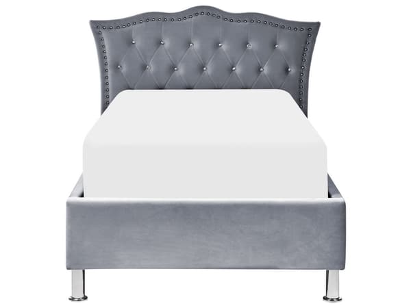 Sänky harmaa sametti 90 x 200 cm sälepohja säilytystila verhoilunaula koristekristallit glamour moderni