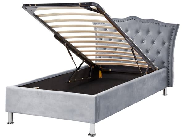 Sänky harmaa sametti 90 x 200 cm sälepohja säilytystila verhoilunaula koristekristallit glamour moderni