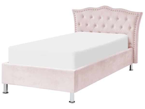 Sänky pastellipinkki sametti 90 x 200 cm sälepohja säilytystila verhoilunaula koristekristallit glamour moderni