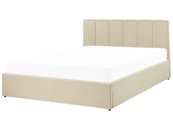 Dubbelsäng Beige Tyg Poppelträ Förvaringsutrymme Spjälbotten 140 x 200 Skandinavisk Design Sovrum