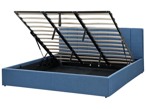Dubbelsäng Marinblå Tyg Poppelträ Förvaringsutrymme Spjälbotten 180 x 200 Skandinavisk Design Sovrum
