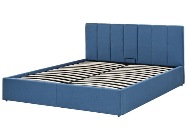 Sengeramme Blå Stoff 160 x 200 cm Oppbevaring Sengegavl Lamellbunn Skandinavisk design Soverom