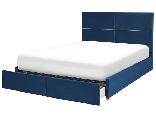 Seng Marineblå Velour 180 x 200 cm Moderne To Mands Seng med Opbevaring Dobbeltseng Sengeramme med Skuffer på Hjul Retro Design