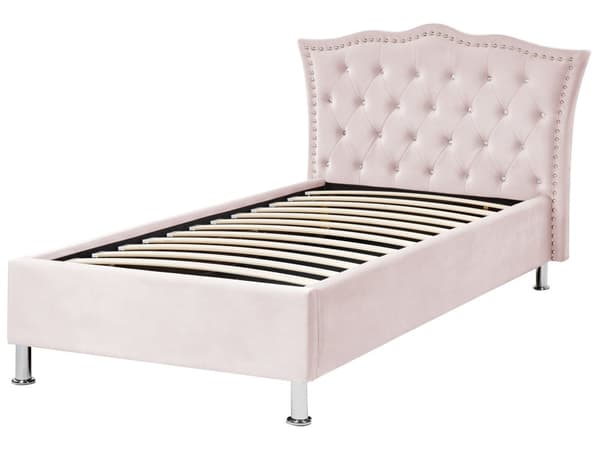 Enkelsäng Rosa Sammetsklädsel Ram med Förvaring Nåltrimmad Kristallknappar Sovrum Modern Glam