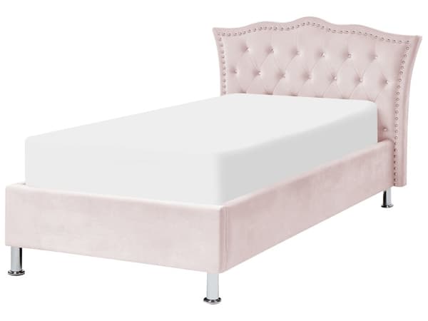 Enkelsäng Rosa Sammetsklädsel Ram med Förvaring Nåltrimmad Kristallknappar Sovrum Modern Glam