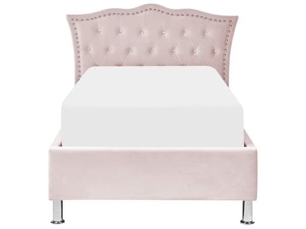 Enkelsäng Rosa Sammetsklädsel Ram med Förvaring Nåltrimmad Kristallknappar Sovrum Modern Glam