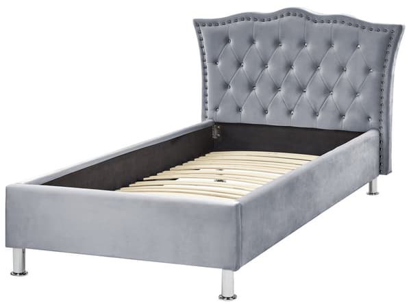 Enkelsäng Grå Sammetsklädsel Ram Nåltrimmad Kristallknappar Sovrum Modern Glam