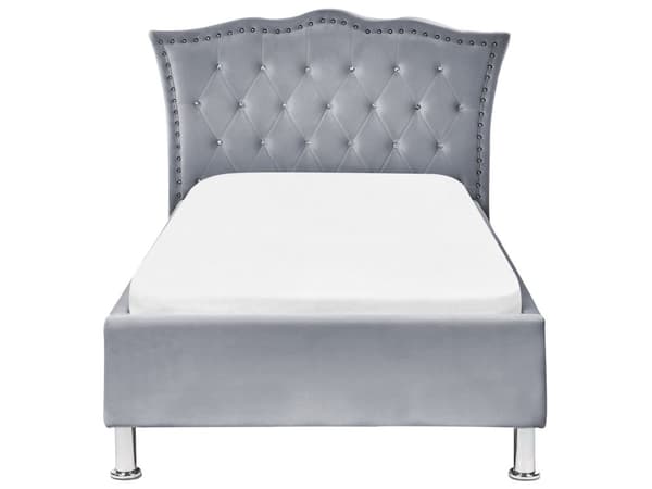 Enkelsäng Grå Sammetsklädsel Ram Nåltrimmad Kristallknappar Sovrum Modern Glam