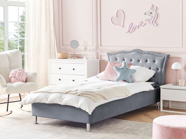 Enkelsäng Grå Sammetsklädsel Ram Nåltrimmad Kristallknappar Sovrum Modern Glam