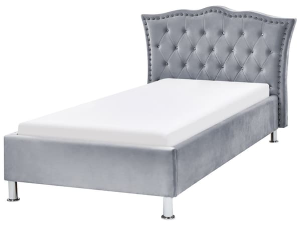 Enkelsäng Grå Sammetsklädsel Ram Nåltrimmad Kristallknappar Sovrum Modern Glam