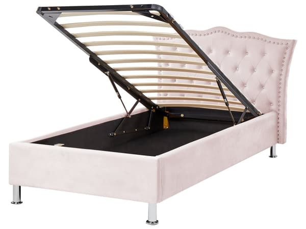 Enkeltseng med oppbevaring Rosa Fløyel 90 x 200 cm Polstret ramme Sengegavl med krystallknapper Moderne Glamorøs Soverom