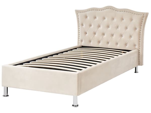 Enkeltseng med oppbevaring Beige Fløyel 90 x 200 cm Polstret ramme Sengegavl med krystallknapper Moderne Glamorøs Soverom