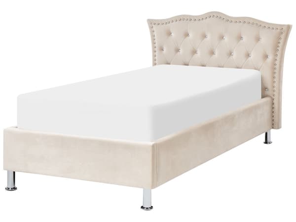 Enkeltseng med oppbevaring Beige Fløyel 90 x 200 cm Polstret ramme Sengegavl med krystallknapper Moderne Glamorøs Soverom
