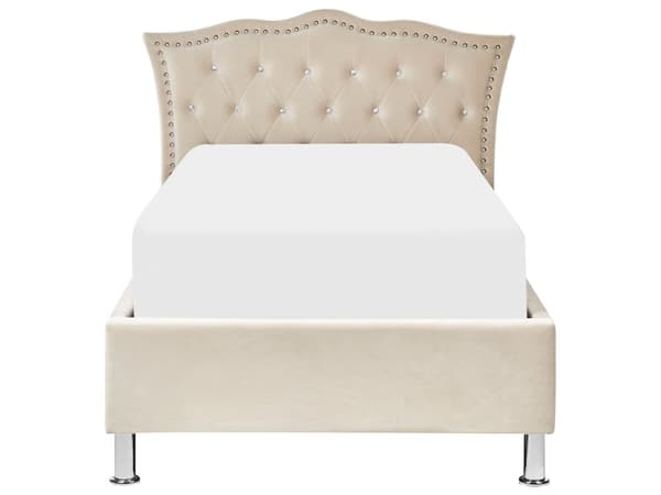 Enkeltseng med oppbevaring Beige Fløyel 90 x 200 cm Polstret ramme Sengegavl med krystallknapper Moderne Glamorøs Soverom