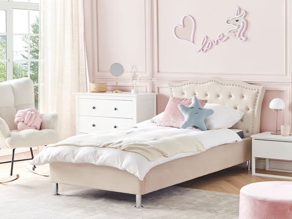Enkeltseng med oppbevaring Beige Fløyel 90 x 200 cm Polstret ramme Sengegavl med krystallknapper Moderne Glamorøs Soverom
