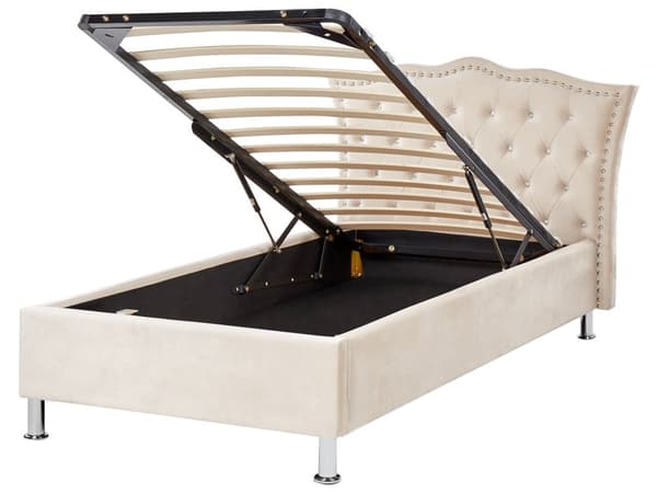 Enkeltseng med oppbevaring Beige Fløyel 90 x 200 cm Polstret ramme Sengegavl med krystallknapper Moderne Glamorøs Soverom