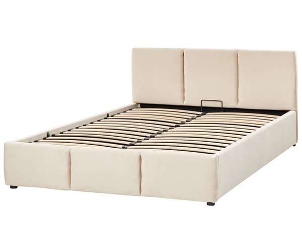 Ottoman Bed Ljusbeige sammet Klädsel Dubbel Storlek 140 x 200 cm Tuftad Huvudgavel Förvaringsfunktion