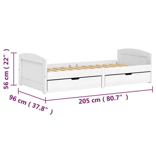 vidaXL Dagseng med 2 skuffer IRUN hvit 90x200 cm heltre furu